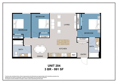 Floor plan for 3 beds, 2 baths, 1223 sqft